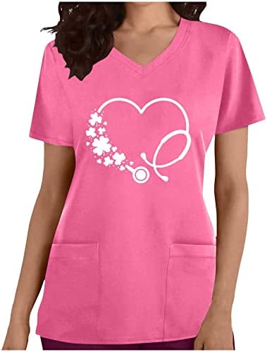 Radna kancelarija piling uniforma T Shirt dame kratki rukav V vrat cvjetno srce grafički bluza T Shirt za
