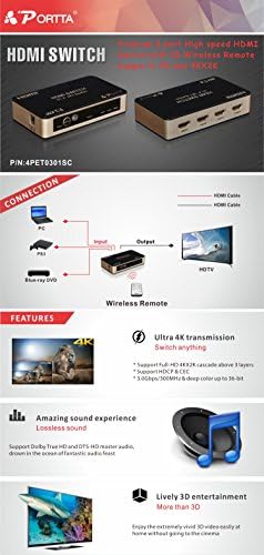 Portta 4PET0301SCH4 v1.4 3 Port HDMI prekidač IR daljinski 3D 4kx2k 4pcs HDMI kabel