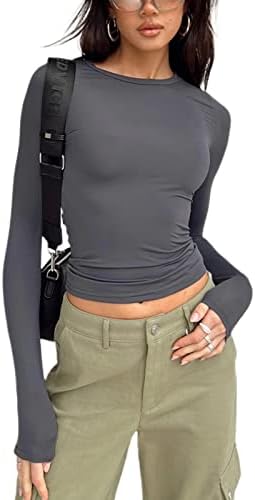 Mybfyabo ženski vitki fit osnovni gornji usevi čvrsti Y2K rastezljivi dugih rukava izrez u tijesnim majicama