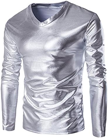 Wenkomg1 muška metalik majica, prom crewneck bluza sjajna reflektiraja disko majica s dugim rukavima Slim