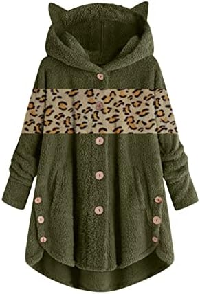 Otvoreni kardigani za žene, grafički džemperi Ženski džemper za žene s kapuljačom sa džepovima mačke uši plišana gornja nepravilna leopardska jakna za spajanje džemper crna
