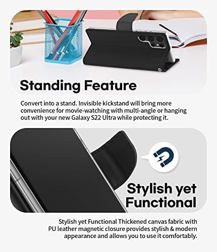GOOSPERY Canvas Wallet dizajniran za Samsung Galaxy S22 Ultra novčanik slučaj, moderan Denim dizajn tkanine [3 kartice & amp; 1 bočni džep] [Standing Feature] držač kartice Flip phone Cover-Crna