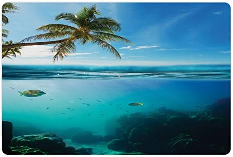 Lunarable Ocean pet Mat za hranu i vodu, Tropski podvodni snimak sa površinskim kokosovim drvetom i nebeskim Aqua vodenim rajem, pravougaoni Neklizajući gumeni Mat za pse i mačke, tirkizni