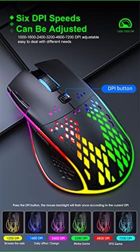 Ueme žičani miš za igre, RGB pozadinsko osvjetljenje i 7200 podesivi DPI, ergonomski i lagani USB računarski miš sa senzorom visoke preciznosti