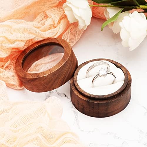 COSISO mala okrugla Drvena kutija za prstenje sa prozirnim poklopcem za angažovanje predloga venčanja, Mini Držač prstena Poklon kutija za čuvanje nakita za 2 prstena